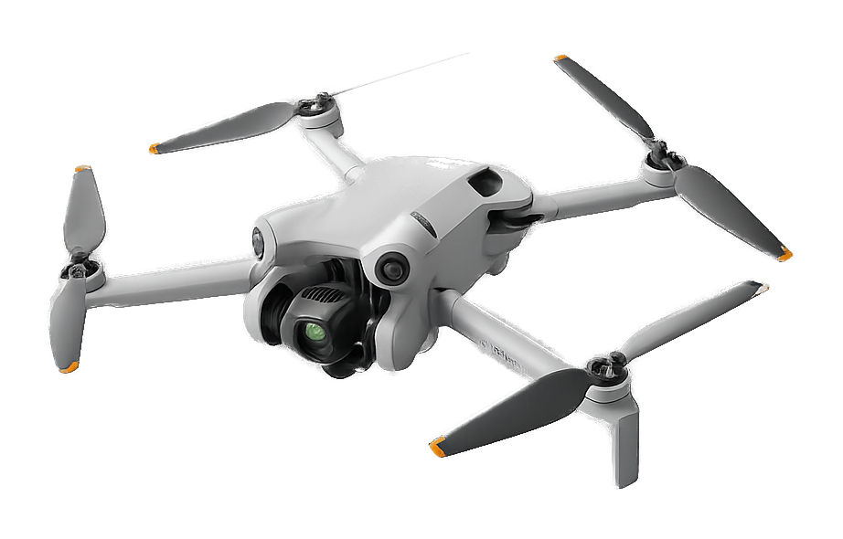 Die Cloudframe-Drohne (DJI Mini 4 Pro), freigestellt auf dunklem Hintergrund